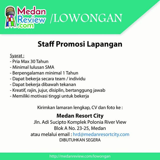 Medan Resort City Membuka Lowongan Kerja Sebagai Staff Promosi Lapangan dan Staff Pajak